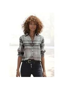 Hemdbluse Buffalo, Damen, Gr. 46, grau (grau, schwarz kariert), Flanell, Obermaterial: 100% Baumwolle, kariert, figurumspielend h&uuml;ftlang, ohne Ausschnitt, mit Riegel 1-Knopf-Manschette, Blusen Hemdbluse, aus weichem Flanell mit Blusenkragen, Flanellhemd, Karobluse, Topseller