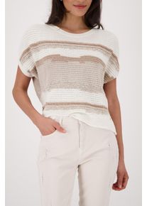 Kurzarmpullover monari "Strukturmix", Damen, Gr. 46, beige, Strick, Obermaterial: 32% Polyacryl, 21% Viskose, 18% Polyester, 14% Baumwolle, 11% Leinen, 4% metallisierte Fasern, gestreift, regular fit taillenbedeckt, Rundhals, angeschnitten Rippstrickb&uuml;ndchen, Pullover Kurzarmpullover, Regular fit mit Strukturmix