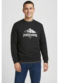 Jack & Jones Kapuzensweatshirt JACK & JONES "JCOFLARE FRONT PRINT SWEAT CREW NECK", Herren, Gr. L, schwarz, angeraute Sweatware, Obermaterial: 70% Baumwolle, 30% Polyester, unifarben, relaxed fit, Rundhals, Rippb&uuml;ndchen, Sweatshirts Kapuzensweatshirt