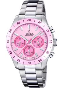Chronograph Festina "Ceramic", silber (silberfarben, rosa), Armbanduhren, Damen, Chronograph, Quarzuhr, Armbanduhr, Damen, Herren, Edelstahlarmband, Keramikl&uuml;nette