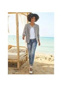 Cardigan Heine, Damen, Gr. 44, blau (dunkelblau, champagner, gemustert), 45% Polyamid, 42% Polyester, 10% Polyacryl, 3% Wolle, gemustert, kariert, mehrfarbig, Strickjacken