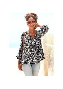 Langarmbluse Vivance, Damen, Gr. 44, blau (marine, beige bedruckt), Web, Obermaterial: 100% Viskose, bedruckt, figurumspielend h&uuml;ftlang, Rundhals, elastischer Bund mit innenliegendem Gummizug, Blusen, mit Ballon&auml;rmeln, luftige Tunika mit lockerem Schnitt, Boho-Style