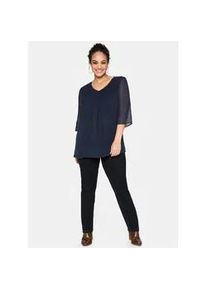 Chiffonbluse sheego, Damen, Gr. 46, blau (marine), 100% Polyester, unifarben, V-Ausschnitt, Blusen Chiffonbluse