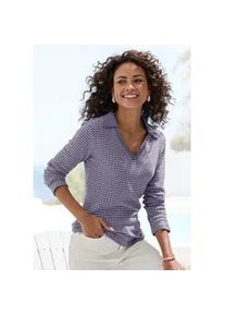 Langarm-Poloshirt Vivance "aus strukturierter Strickqualit&auml;t", Damen, Gr. 44/46, blau, creme, Strick, Obermaterial: 75% Baumwolle, 25% Polyester, gemustert, bequem, V-Ausschnitt, Shirts, sch&ouml;ne Strick-Qualit&auml;t