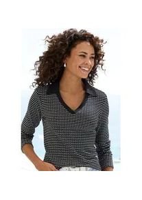 Langarm-Poloshirt Vivance "aus strukturierter Strickqualit&auml;t", Damen, Gr. 36/38, schwarz, creme, Strick, Obermaterial: 75% Baumwolle, 25% Polyester, gemustert, bequem, V-Ausschnitt, Shirts, sch&ouml;ne Strick-Qualit&auml;t
