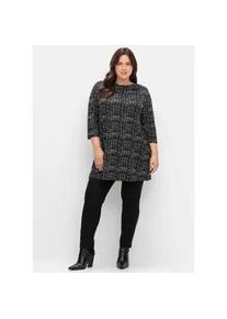 Longshirt sheego "Longshirt", Damen, Gr. 52/54, schwarz-wei&szlig; (schwarz, wei&szlig;), 95% Viskose, 5% Elasthan, gemustert, Wasserfallausschnitt, Shirts Longshirt