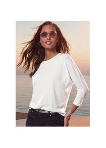 Rundhalsshirt Lascana "mit funkelnden Strass-Steinen", Damen, Gr. 44/46, beige (creme), Strick, Obermaterial: 50% Viskose (LENZINGTM ECOVEROTM), 46% Polyester, 4% Elasthan, Glitzermuster, figurumspielend, Rundhals, Shirts Rundhalsshirt, aus weichem Viskose-Strick