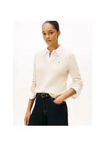 Strickpullover Tommy Hilfiger "SOFT WOOL V-NK SWEATER", Damen, Gr. S (36), heather oatmilk, Strick, Obermaterial: 100% Wolle, unifarben, normal, V-Ausschnitt, B&uuml;ndchen, Pullover Strickpullover, aus reiner Wolle
