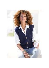 Strickweste Lascana "Amira", Damen, Gr. 32/34, blau (navy), Strick, Obermaterial: 60% Baumwolle, 40% Polyacryl, unifarben, figurumspielend taillenbedeckt, tiefer V-Ausschnitt, Westen Strickweste, mit goldenen Kn&ouml;pfen, Pullunder, modisch
