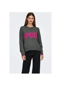 Rundhalspullover Only "ONLNEW AMOUR LS TEXT O-NECK CS KNT", Damen, Gr. M, medium grau melange detail:fuchsia lila amour, Strick, Obermaterial: 78% Polyacryl, 18% Polyester, 4% Nylon, gemustert, regular fit, Rundhals, Pullover Rundhalspullover
