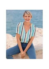 Kurzarmbluse Classic Basics, Damen, Gr. 38, gelb (mittelblau, gelb, gestreift), 100% Polyester, gemustert, gestreift, mehrfarbig, V-Ausschnitt, Blusen