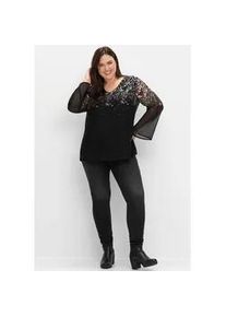 Longbluse sheego, Damen, Gr. 52, schwarz-wei&szlig; (schwarz, wei&szlig; gemustert), 100% Polyester, bedruckt, gemustert, mehrfarbig, V-Ausschnitt, Blusen Longbluse