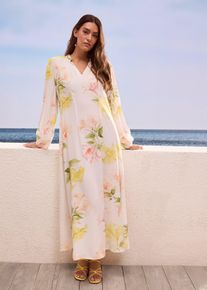 bonprix Fluides Tunika-Kleid, wei&szlig;, Gr.38, Weites Maxi Blumenkleid mit Volumen&auml;rmeln