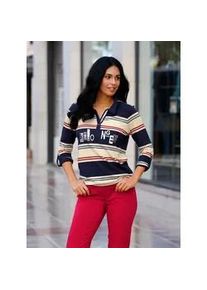 Poloshirt Inspirationen "Poloshirt", Damen, Gr. 52, blau (sand, marine, geringelt), 50% Baumwolle, 50% Modal, gemustert, mehrfarbig, V-Ausschnitt, Shirts