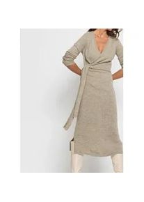 Strickkleid bonprix "Midi-Strickkleid", Damen, Gr. 32/34 (XS), N-Gr, beige (beige meliert), Obermaterial: 90% Polyacryl, 10% Polyester, slim fit, V-Ausschnitt, Kleider Strickkleid, mit modernem Wickel-Design, aus Polyacryl und Polyester