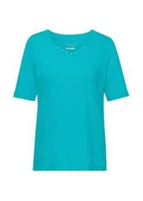 Langarm-Poloshirt GOLDNER "Halbarm Basic-Shirt aus Baumwolle", Damen, Gr. 52, blau (t&uuml;rkis), Obermaterial: 95% Baumwolle CO. 5% Elasthan EL., Tubular, Shirts, Ausschnitt in Herzform mit Schmucksteinen verziert