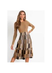 Strickkleid bonprix "Ausgestelltes Jacquard-Strickkleid", Damen, Gr. 48/50 (XL), N-Gr, braun (camel, braun kariert), Obermaterial: 100% Polyacryl, ausgestellt, Kleider Strickkleid, aus Polyacryl, ausgestellte Passform, ausgestelltes Jacquard-Design