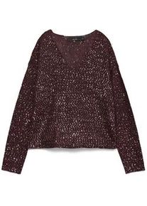 V&eacute;ro Moda Strickpullover VERO MODA "VMLEILANI NEW LS V-NECK PULLOVER REP", Damen, Gr. M, winetasting detail:with silber sequins, Strick, Obermaterial: 68% Polyester, 32% Polyacryl, Glitzermuster, loose fit normal, V-Ausschnitt, Pullover Strickpullover