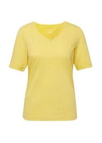Langarm-Poloshirt GOLDNER "Halbarm Basic-Shirt aus Baumwolle", Damen, Gr. 38, gelb (margerite), Obermaterial: 95% Baumwolle CO. 5% Elasthan EL., Tubular, Shirts, Ausschnitt in Herzform mit Schmucksteinen verziert