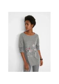 Longshirt bonprix, Damen, Gr. 56/58 (XXXL), grau (grau meliert floral), Obermaterial: 70% Baumwolle, 30% Viskose, A-Linie, Shirts Longshirt, A-Linien Passform, lange &Auml;rmel, aus Baumwolle und Viskose