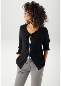 Strickjacke Aniston CASUAL, Damen, Gr. 38, schwarz, Grobstrick, Obermaterial: 100% Polyacryl, unifarben, oversize h&uuml;ftlang, Rundhals, gewellter Abschluss, Strickjacken Strickjacke, mit trendigen Bindeb&auml;ndern zu schlie&szlig;en