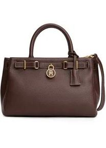 Henkeltasche Tommy Hilfiger "AMERICAN ICON MINI TOTE LEATHER", Damen, Gr. B/H/T: 28cm x 18cm x 14cm, dunkelbraun, Leder, Taschen, Damen Tragetasche, Businessbag mit Zierriegel und Schloss
