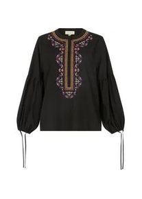 Hemdbluse RAFFYA "Anai Half Placket Embroidered Blouse Damen", Damen, Gr. 42, schwarz, 60% Viskose, 30% Leinen, 10% Polyester, Blusen Hemdbluse
