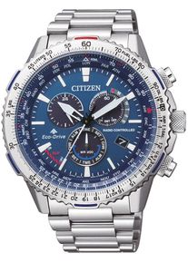 Funkchronograph Citizen "Promaster Sky", silber (silberfarben, blau), Armbanduhren, Herren, Funkchronograph, Armbanduhr, Herrenuhr, Solar, Stoppfunktion, bis 20 bar wasserdicht