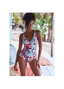 Badeanzug Lascana "Imani", Damen, Gr. 38, Cup C, blau (creme bedruckt), Recycling-Polyamid, bedruckt, Badeanz&uuml;ge Badeanzug, mit sommerlichem Bl&auml;tterprint