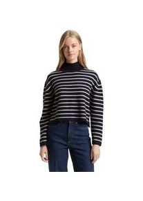 Strickpullover Tom Tailor DENIM, Damen, Gr. M, navy cloud grau stripe, Strick, Obermaterial: 60% Baumwolle, 40% Polyacryl, gestreift, normal taillenlang, Rundhals, Flachstrickb&uuml;ndchen, Pullover Strickpullover, im Streifen-Design und mit Stehkragen