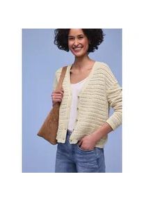 Cardigan Street One, Damen, Gr. 40, soft beige, Strick, Obermaterial: 100% Baumwolle, unifarben, l&auml;ssig geschnitten h&uuml;ftbedeckend, V-Ausschnitt, Flachstrickb&uuml;ndchen, Strickjacken, Struktur-Cardigan mit feinem Lochmuster