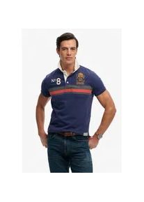 Poloshirt Superdry "DOUBLE EMBLEM JERSEY SS RUGBY", Damen, Gr. M, navy, orange chest band stripe, Single Jersey, Obermaterial: 100% Baumwolle, gestreift, relaxed fit normal, Rundhals, Shirts, im angesagten Rugby Stil