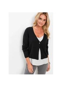 Strickjacke bonprix, Damen, Gr. 40/42 (M), schwarz, Strick, Obermaterial: 70% Baumwolle, 30% Polyamid, unifarben, bequem h&uuml;ftlang, tiefer V-Ausschnitt, Strickkante, Strickjacken Strickjacke, bequeme Passform, klassischer Stil, aus Baumwolle und Polyamid