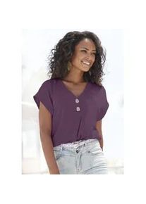 Schlupfbluse Lascana, Damen, Gr. 48, violett, Web, Obermaterial: 100% Viskose, unifarben, figurumspielend h&uuml;ftlang, V-Ausschnitt, Blusen Schlupfbluse, mit modischen Kn&ouml;pfen, luftige Kurzarmbluse, sommerlich