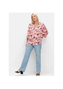 Longbluse sheego, Damen, Gr. 56, blau (tiefblau, pink gemustert), 100% Viskose, gemustert, Rundhals, Blusen Longbluse