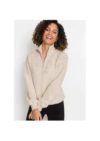 Troyer bonprix, Damen, Gr. 36/38 (S), beige (sand), Obermaterial: 86% Polyacryl, 8% Polyester, 6% Polyamid, unifarben, figurumspielend, B&uuml;ndchen, Pullover Troyer, aus Ajourstrick, mit Stehkragen, figurumspielende Passform