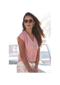 Schlupfbluse Lascana, Damen, Gr. 48, peach, Web, Obermaterial: 100% Viskose, unifarben, figurumspielend h&uuml;ftlang, V-Ausschnitt, Blusen Schlupfbluse, mit modischen Kn&ouml;pfen, luftige Kurzarmbluse, sommerlich