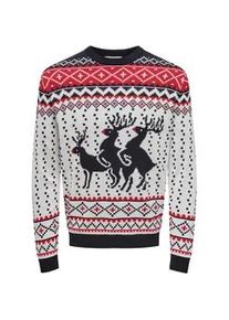 Only & Sons Rundhalspullover ONLY & SONS "ONSX-MAX REG DEER CREW KNIT", Herren, Gr. L, wei&szlig; (cloud dancer), Strick, Obermaterial: 100% Baumwolle, gemustert, regular fit, Rundhals, Rippb&uuml;ndchen, Pullover Rundhalspullover