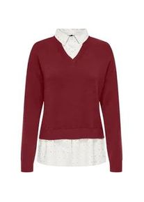 2-in-1-Pullover Only "ONLDAGMAR LS COLLAR MIX KNT", Damen, Gr. S, cabernet detail:cloud dancer woven, rhinestones, Strick, Obermaterial: 50% Viskose, 30% Polyester, 20% Nylon, unifarben mit Farbeinsatz, regular fit, V-Ausschnitt, Pullover
