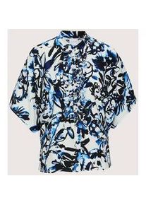 Madeleine Mode Kurzarmbluse MADELEINE "Blusenshirt Oversized-Bluse mit R&uuml;schen", Damen, Gr. 44, wei&szlig; (wei&szlig;, marine), Obermaterial: 100% Viskose CV., Modern, oversize, Blusen, Bluse mit R&uuml;schendekoration an der Knopfleiste