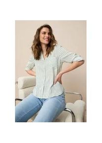 Hemdbluse Tamaris, Damen, Gr. 38, sanftes wei&szlig;, gr&uuml;n gestreift, Web, Obermaterial: 100% Viskose, unifarben, l&auml;ssig geschnitten, V-Ausschnitt, Krempel&auml;rmel Manschette, Blusen Hemdbluse, mit Krempel&auml;rmeln und l&auml;ssigem Schnitt