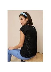 Spitzenshirt Tamaris, Damen, Gr. 40, schwarz, Single Jersey, Obermaterial: 100% Baumwolle. Obermaterial R&uuml;ckenteil: 100% Baumwolle, unifarben, l&auml;ssig geschnitten h&uuml;ftlang, Rundhals, angeschnitten Aufschlag, Shirts, mit femininer Lochstickerei, femininer Stil