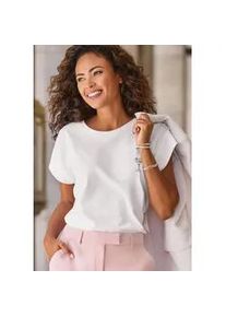 Kurzarmshirt Lascana, Damen, Gr. 40/42, blau (wei&szlig;), Jersey, Obermaterial: 100% Baumwolle, unifarben, figurumspielend h&uuml;ftlang, Rundhals, Shirts, mit dezentem Frontdruck, T-Shirt aus Baumwolle, Printshirt, Basic