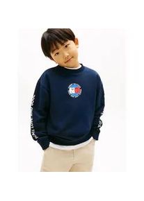 Sweatshirt Tommy Hilfiger "FUN FLAG GRAPHIC SWEATSHIRT", M&auml;dchen, Gr. 10 (140), schwarz night navy, Sweatware, Obermaterial: 68% Baumwolle, 32% Polyester, bedruckt, l&auml;ssig geschnitten normal, Rundhals, Rippstrickb&uuml;ndchen, Sweatshirts Sweatshirt, Kinder bis 16 Jahre, Druck, Rundhals