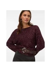 V&eacute;ro Moda Strickpullover VERO MODA "VMLEILANI STITCH LS BOATNECK PULLOVER", Damen, Gr. XS, winetasting detail:with silber seq, Strick, Obermaterial: 68% Polyester, 32% Polyacryl, Glitzermuster, regular fit normal, U-Boot-Ausschnitt, Pullover Strickpullover
