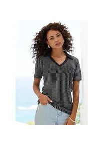 Poloshirt Vivance "aus strukturierter Strickqualit&auml;t", Damen, Gr. 32/34, schwarz, creme, Strick, Obermaterial: 75% Baumwolle, 25% Polyester, gemustert, bequem, V-Ausschnitt, Shirts, sch&ouml;ne Strick-Qualit&auml;t