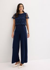 bonprix Jumpsuit aus softem Scuba mit Spitze, blau, Gr.44, Kurz&auml;rmliger Jumpsuit mit Spitze und weitem Bein