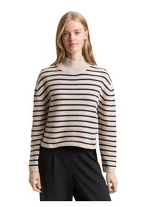 Strickpullover Tom Tailor Denim, Damen, Gr. XL, cloud grau navy stripe, Strick, Obermaterial: 60% Baumwolle, 40% Polyacryl, gestreift, normal taillenlang, Rundhals, Flachstrickb&uuml;ndchen, Pullover Strickpullover, im Streifen-Design und mit Stehkragen