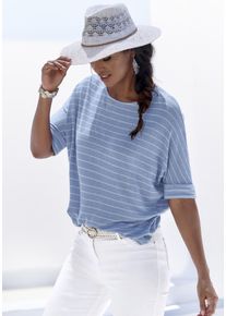 Rundhalsshirt Lascana "mit breitem &Auml;rmelumschlag", Damen, Gr. 48/50, blau (blau gestreift), Feinstrick, Obermaterial: 54% Viskose (LENZING&trade; ECOVERO&trade;), 41% Polyester, 5% Elasthan, gestreift, Basic, l&auml;ssig geschnitten normal, Rundhals, mit Umschlag Umschlagsaum, Shirts Rundhalsshirt, aus weichem Viskose-Feinstrick, Topseller