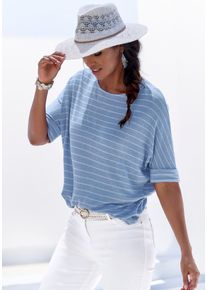 Rundhalsshirt Lascana "mit breitem &Auml;rmelumschlag", Damen, Gr. 36/38, blau (blau gestreift), Feinstrick, Obermaterial: 54% Viskose (LENZING&trade; ECOVERO&trade;), 41% Polyester, 5% Elasthan, gestreift, Basic, l&auml;ssig geschnitten normal, Rundhals, mit Umschlag Umschlagsaum, Shirts Rundhalsshirt, aus weichem Viskose-Feinstrick, Topseller